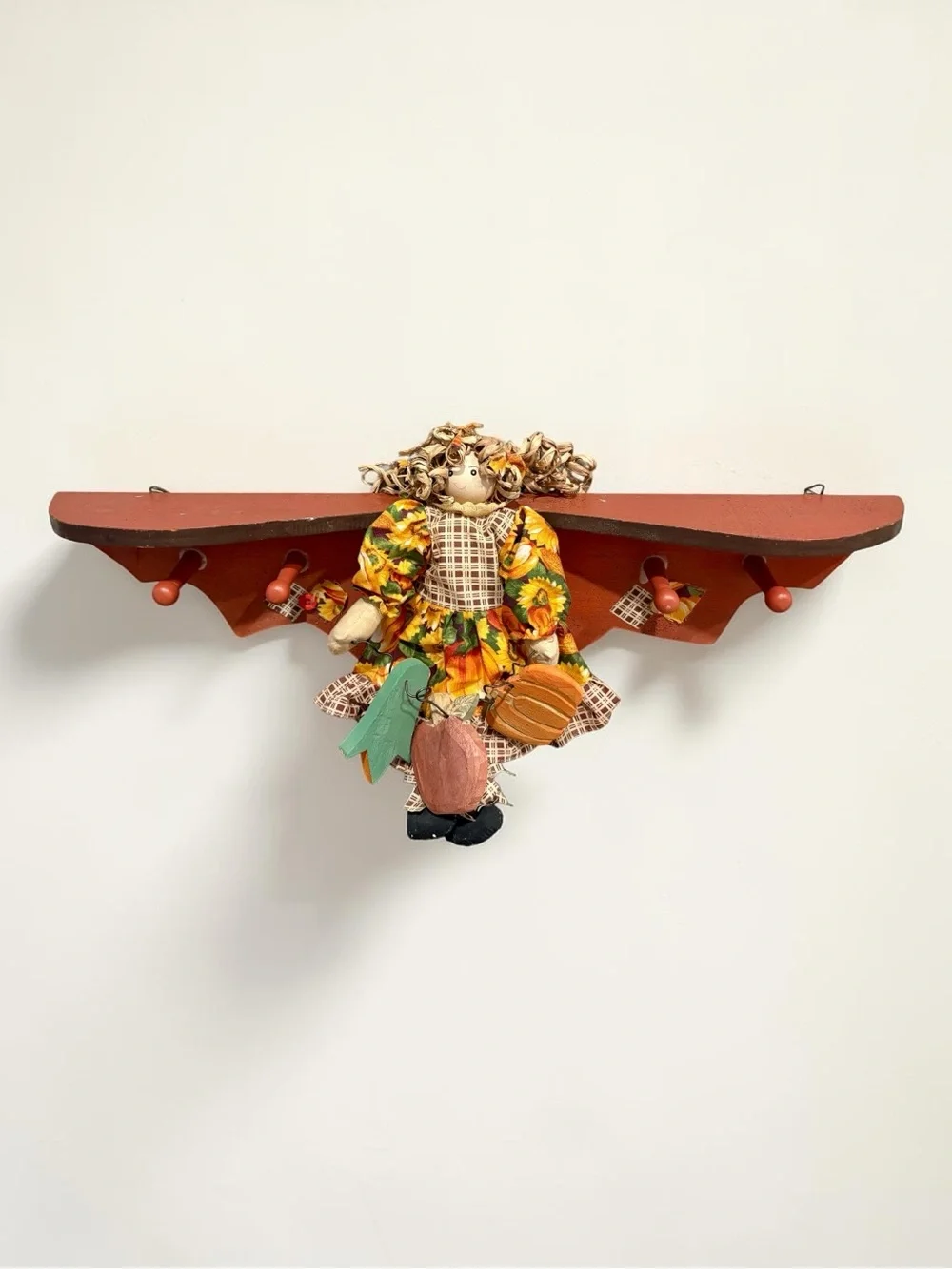 Vintage Handmade 20” Wall Shelf w/ Folk Art Primitive Rag Doll Autumn Harvest